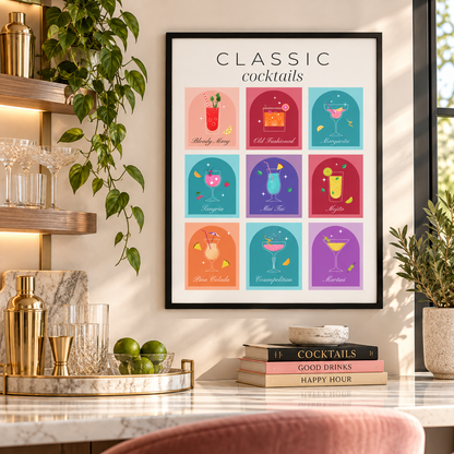 Retro colourful cocktail wall art displayed in a bright modern kitchen with vibrant pink turquoise and orange drinks illustrations