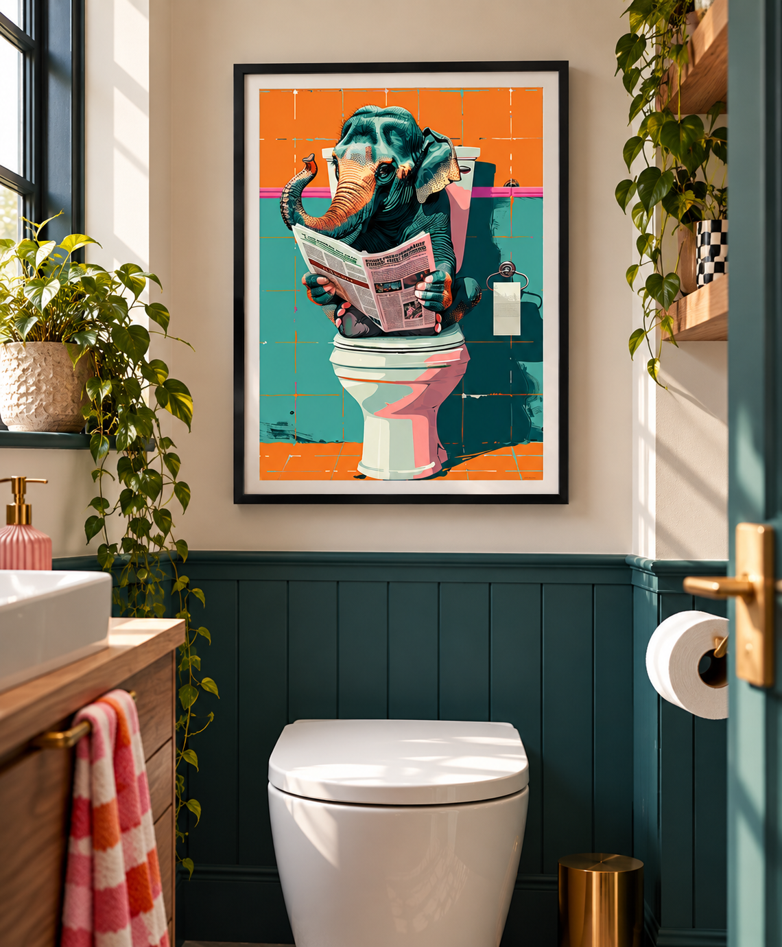 A framed pop-art print of an elephant reading a newspaper on a toilet, displayed on a bathroom wall above a white toilet. The room features dark teal wood paneling, a white sink, a pink towel, and green plants.