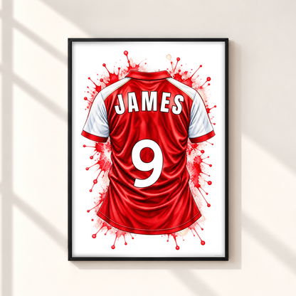 Personalised Arsenal inspired football shirt print with red white watercolour shirt custom James name number 9 in black frame.