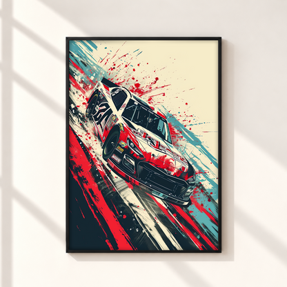 A framed vertical art print featuring a stylized red and white race car in motion with bold red, blue, black, and cream paint splashes, displayed on a light wall with soft window shadows.