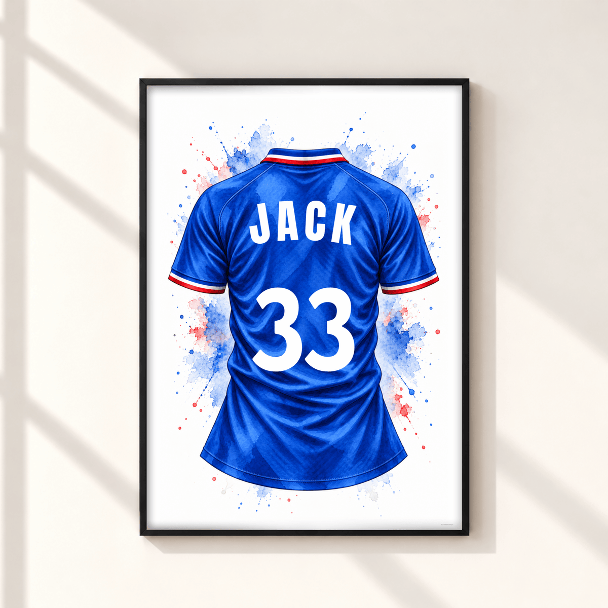 Personalised Glasgow Rangers inspired football shirt print featuring royal blue watercolour jersey with JACK name and number 33 in black frame