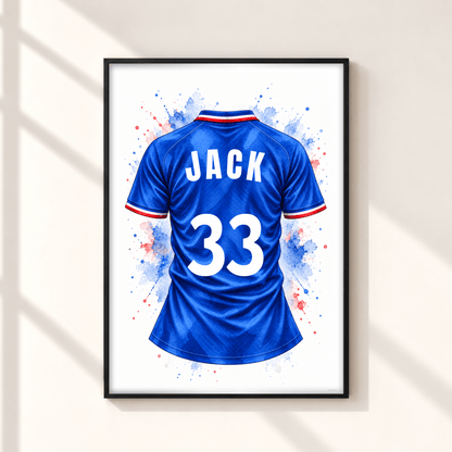 Personalised Glasgow Rangers inspired football shirt print featuring royal blue watercolour jersey with JACK name and number 33 in black frame