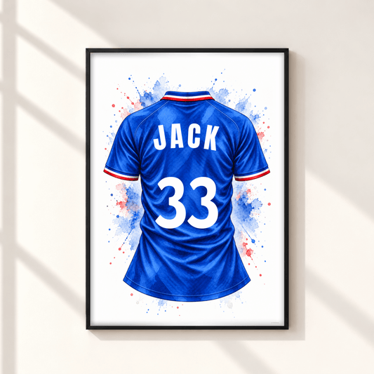 Personalised Glasgow Rangers inspired football shirt print featuring royal blue watercolour jersey with JACK name and number 33 in black frame