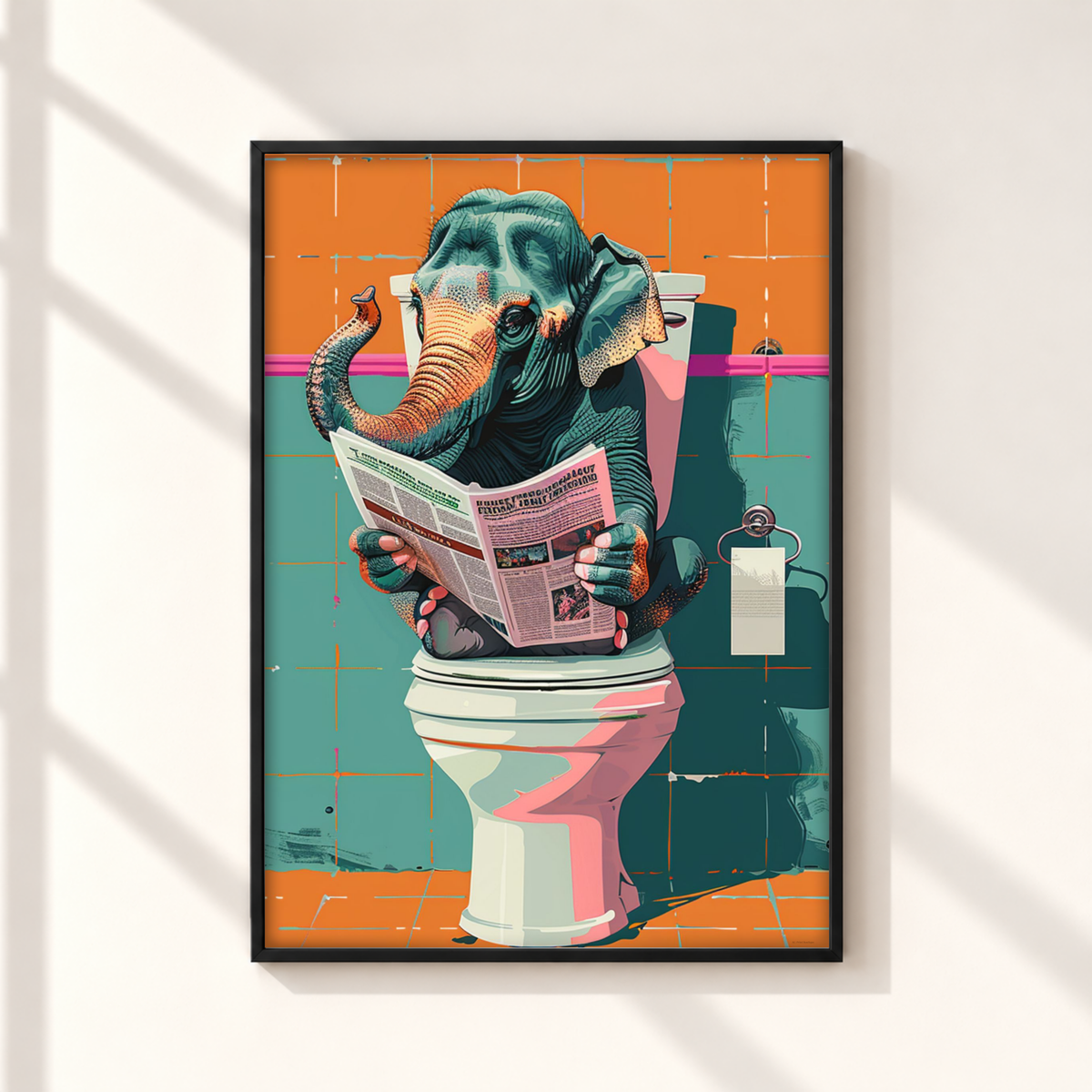 A framed pop-art style print showing an elephant sitting on a toilet and reading a newspaper, mounted on a light beige wall with soft window-shadow lines. The artwork uses orange, teal, pink, white, and gray tones.