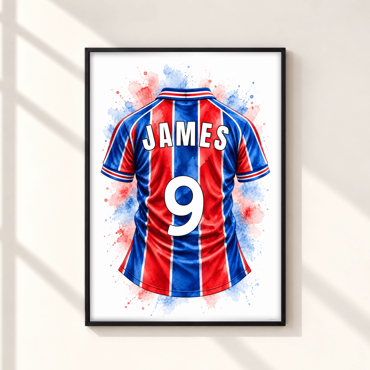 Personalised Crystal Palace inspired red and blue striped football shirt print featuring James number 9 with watercolour splashes in a black frame