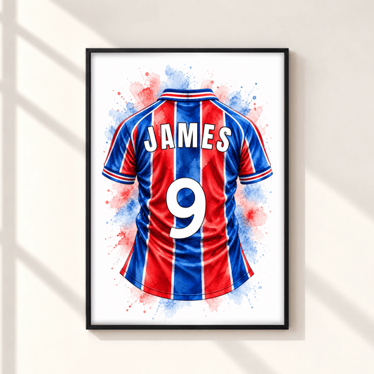 Personalised Crystal Palace inspired red and blue striped football shirt print featuring James number 9 with watercolour splashes in a black frame