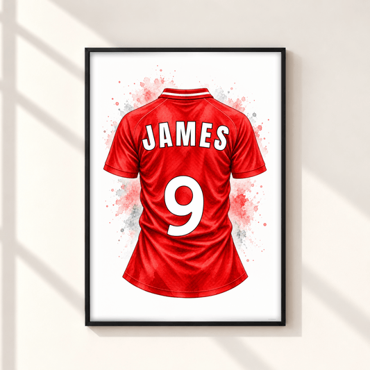 Personalised Nottingham Forest inspired football shirt print featuring a red watercolour jersey with JAMES name and number 9 in a black frame