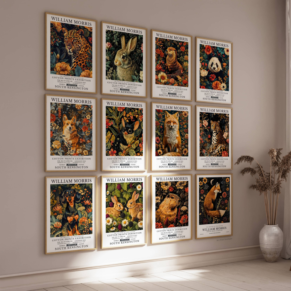Collection of William Morris posters on a wall with a vase and plant in the corner.