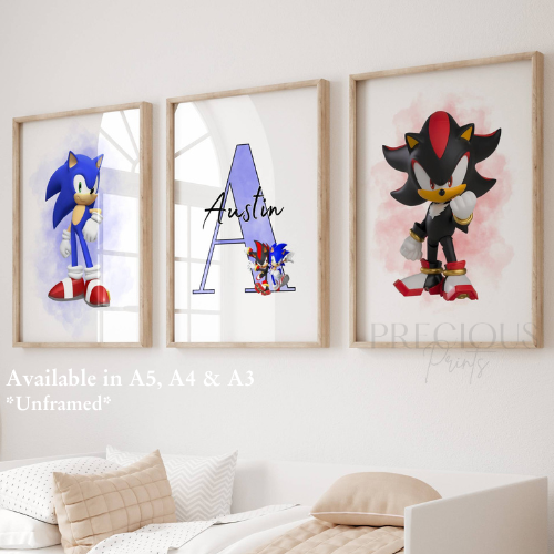 Set of 3 Childrens Personalised Sonic and Shadow Bedroom Print