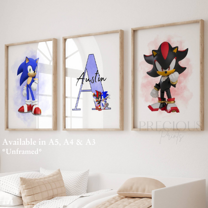 Set of 3 Childrens Personalised Sonic and Shadow Bedroom Print