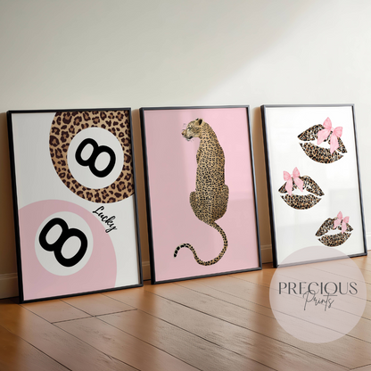 Set of 3 Pink Trendy Preppy Prints Bow's and Lip's Leopard Print Postive Wall Art A5 A4 A3