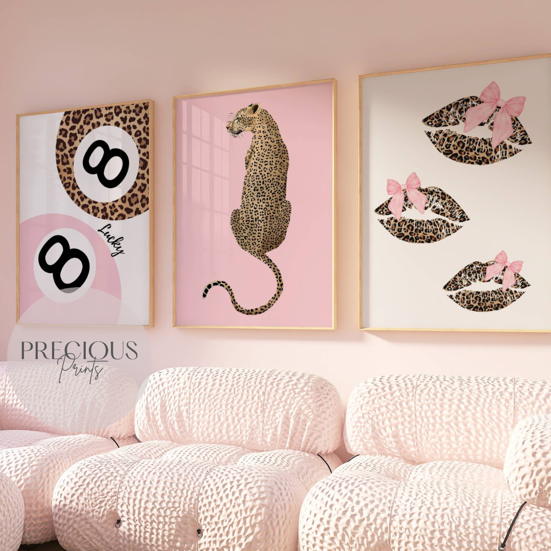 Set of 3 Pink Trendy Preppy Prints Bow's and Lip's Leopard Print Postive Wall Art A5 A4 A3
