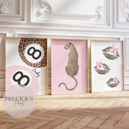 Set of 3 Pink Trendy Preppy Prints Bow's and Lip's Leopard Print Postive Wall Art A5 A4 A3