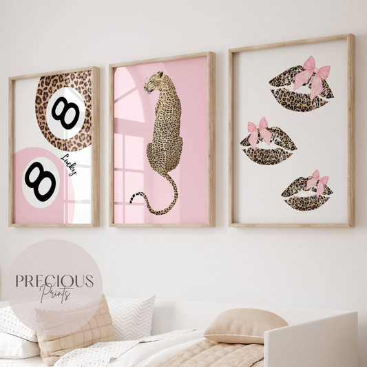 Set of 3 Pink Trendy Preppy Prints Bow's and Lip's Leopard Print Postive Wall Art A5 A4 A3