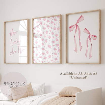 Set of 3 Coquette Preppy Pretty Prints How Lucky Are We, Bows & Flowers