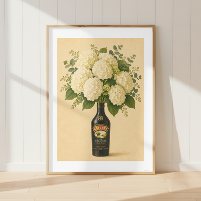 Vintage Baileys hydrangea wall art featuring cream floral bouquet and eucalyptus foliage in a rustic kitchen setting.