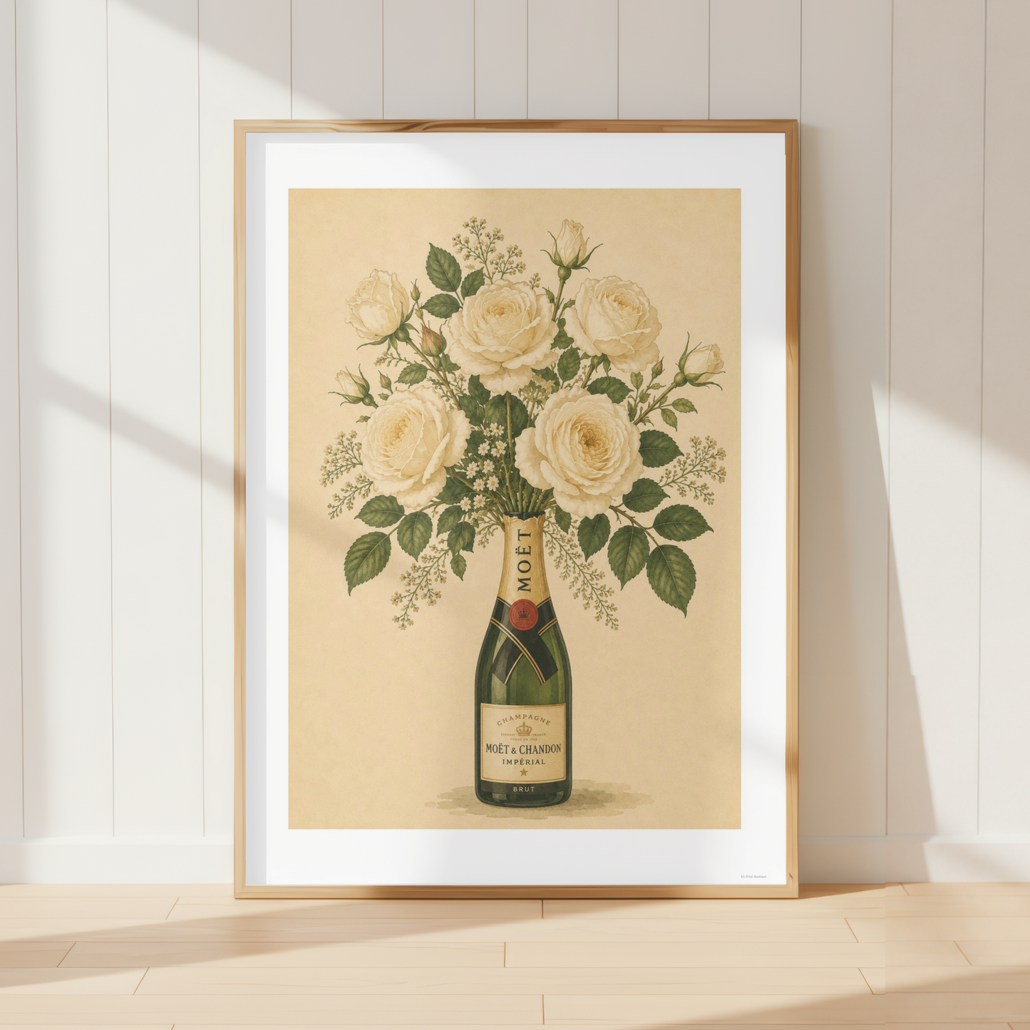 Vintage Moët Champagne botanical print featuring ivory roses in a French country kitchen interior.