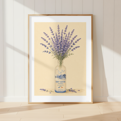 French country lavender wall art featuring a bouquet of purple lavender flowers arranged in a Grey Goose bottle. Rustic botanical print inspired by Provence and farmhouse kitchen décor.