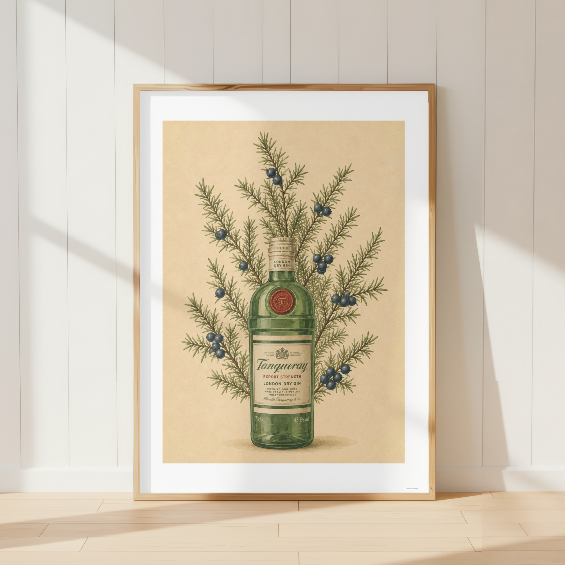 Vintage Tanqueray Gin botanical wall art featuring juniper berries and greenery in a rustic dining room.
