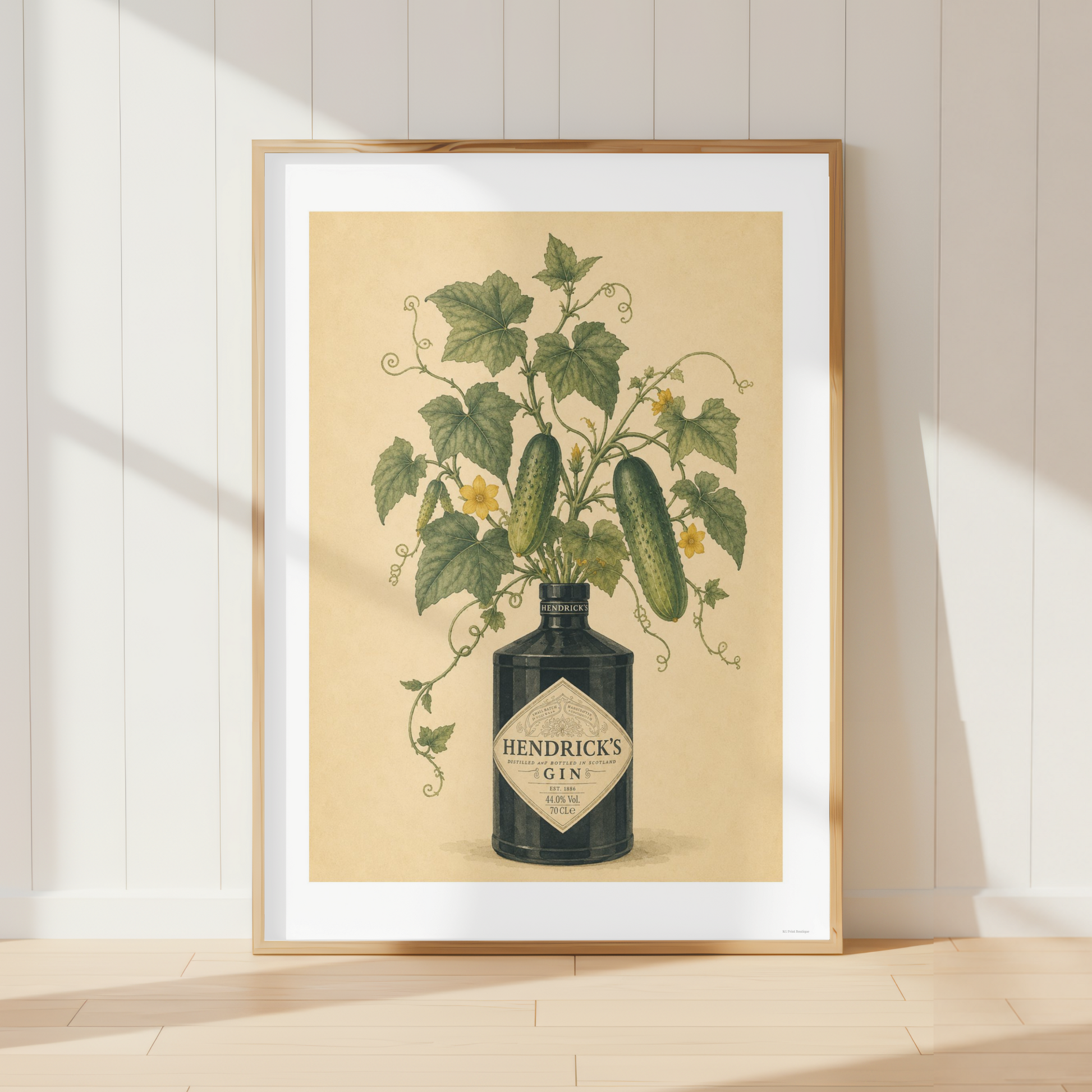 Vintage Hendrick's Gin botanical wall art print featuring cucumber vines and floral illustration in a rustic kitchen setting.