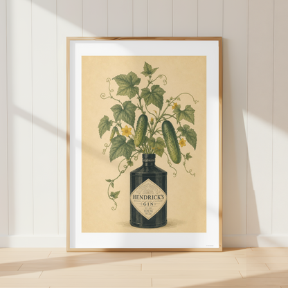 Vintage Hendrick's Gin botanical wall art print featuring cucumber vines and floral illustration in a rustic kitchen setting.