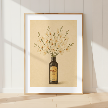 Vintage Kahlua botanical wall art featuring cream orchid flowers arranged in a coffee liqueur bottle.