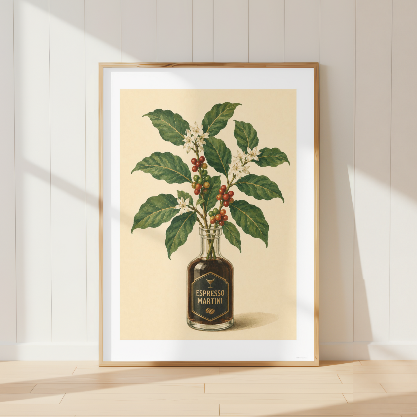 Espresso Martini botanical print featuring coffee berries and white blossoms in a vintage bottle, perfect for kitchen wall decor and contemporary homes.