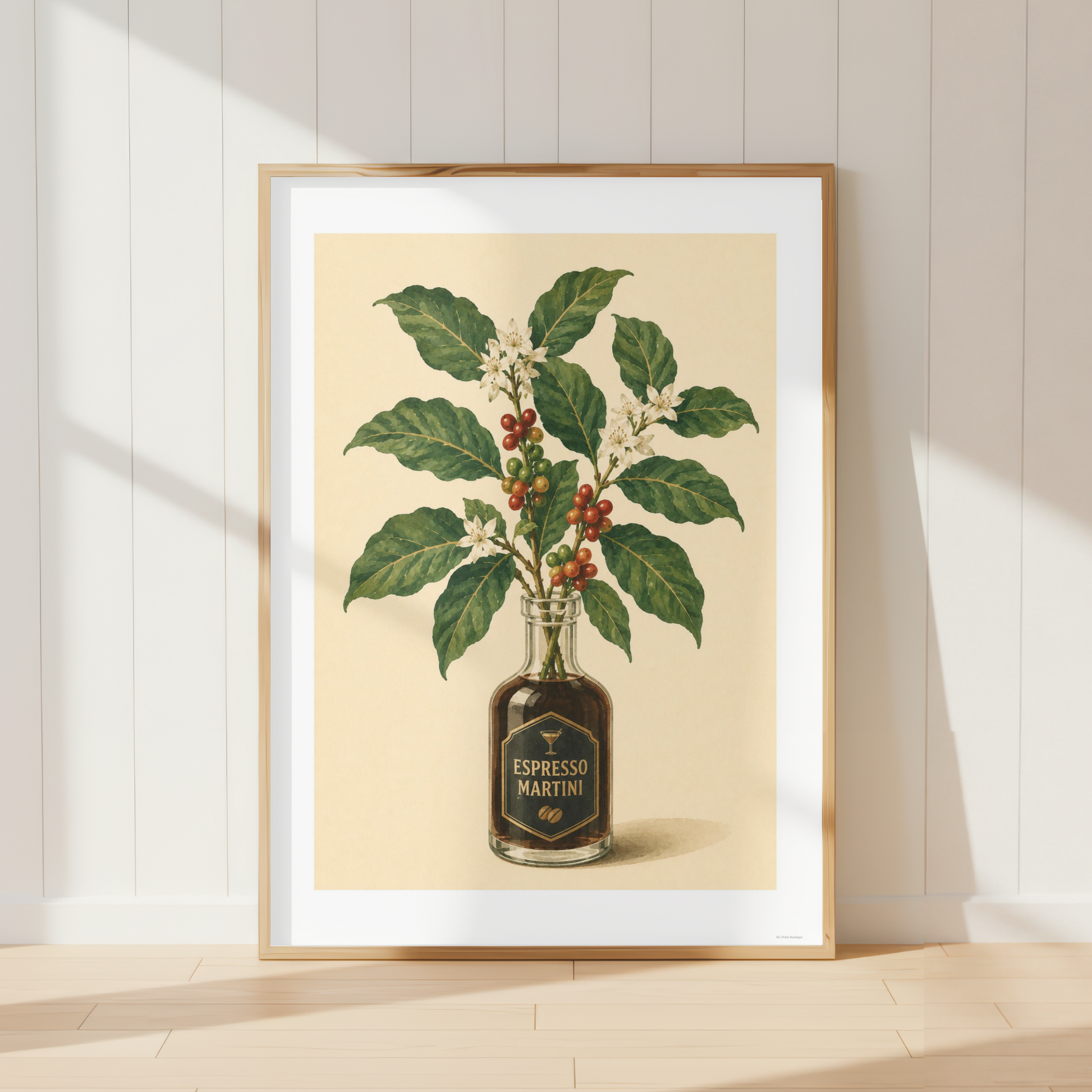 Espresso Martini botanical print featuring coffee berries and white blossoms in a vintage bottle, perfect for kitchen wall decor and contemporary homes.