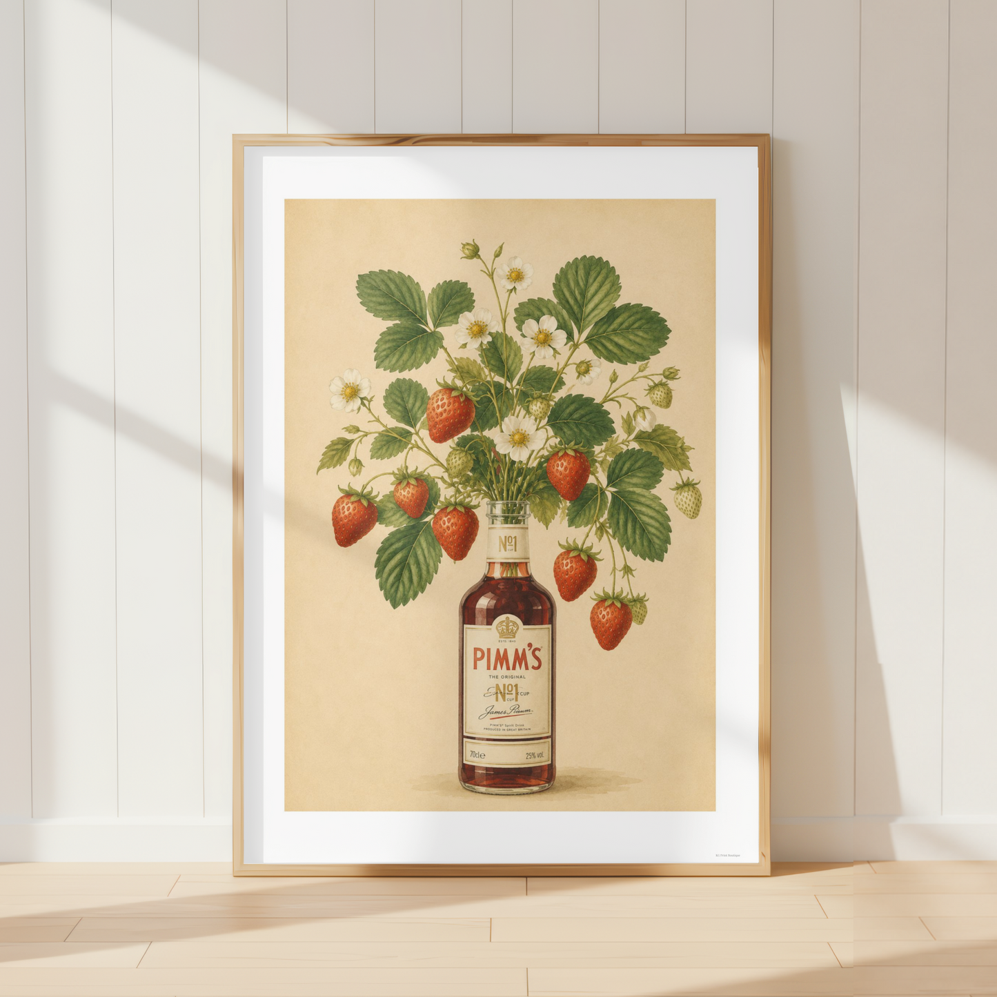Vintage Pimm's botanical wall art featuring strawberries, blossoms and foliage in a farmhouse kitchen.