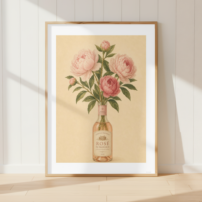 Vintage rosé botanical print featuring blush pink peonies in a French country interior.