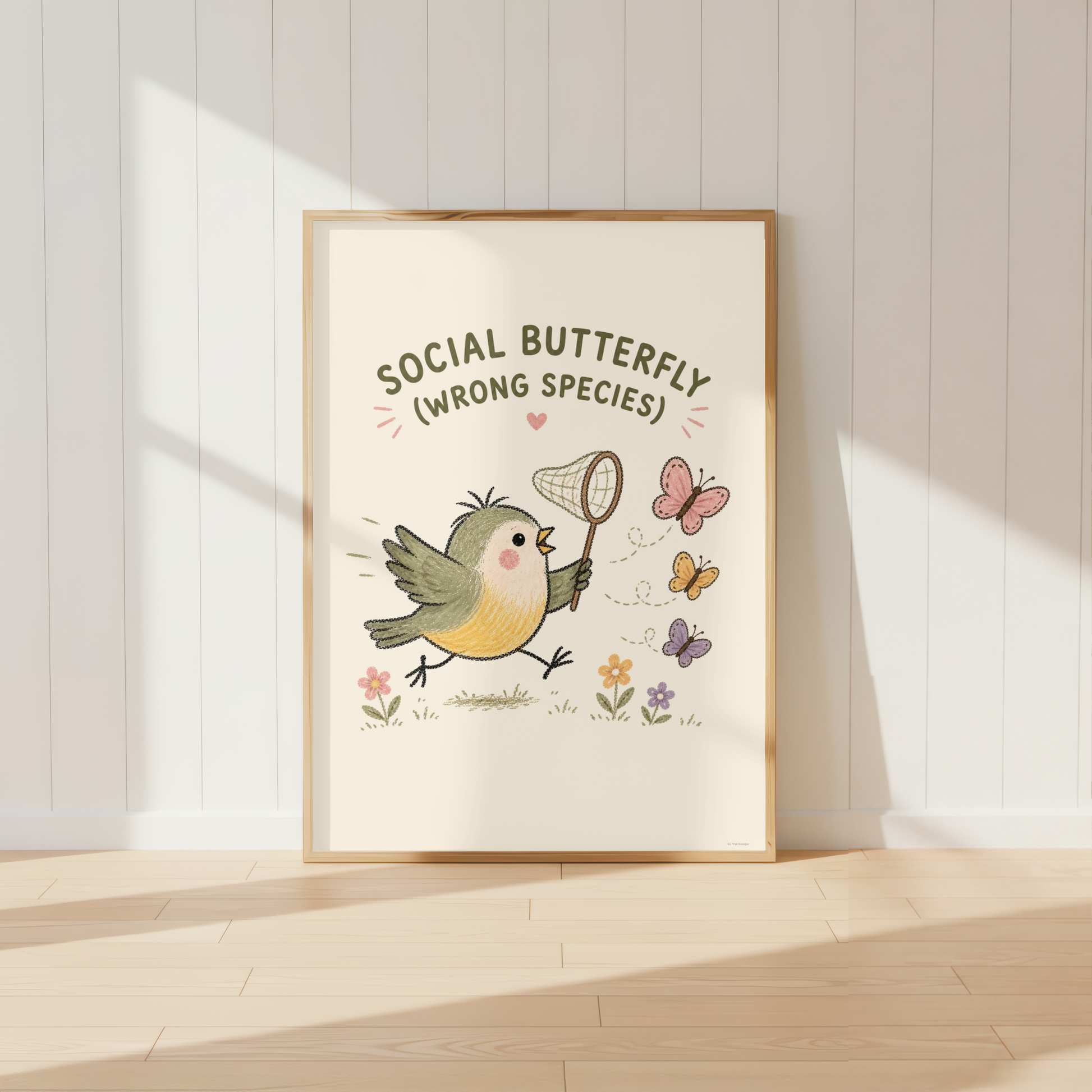 Funny bird wall art featuring Social Butterfly Wrong Species quote and butterflies.