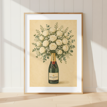 Vintage Moët champagne botanical wall art featuring ivory roses and eucalyptus foliage in a farmhouse kitchen.