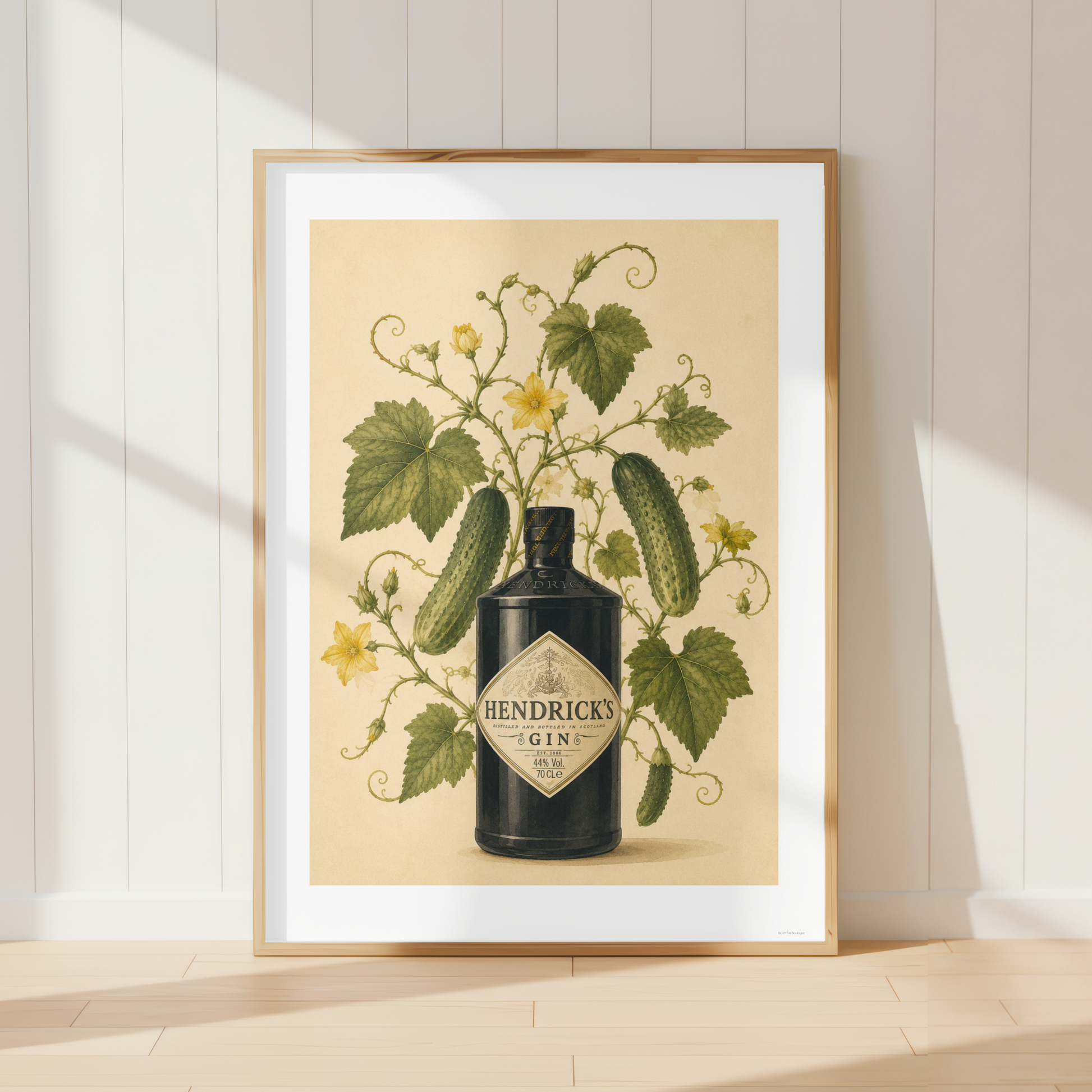 Hendrick's Gin botanical wall art print with cucumber vines in a vintage Mediterranean style for kitchens and home bars.