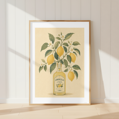 Vintage Limoncello bottle botanical print featuring lemons and blossoms in a Mediterranean farmhouse kitchen.