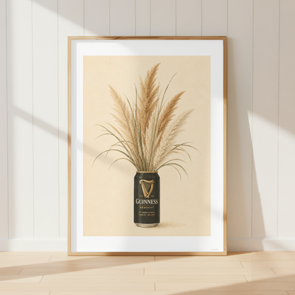 Vintage Guinness Pampas Grass wall art featuring neutral botanical stems in a rustic farmhouse kitchen.