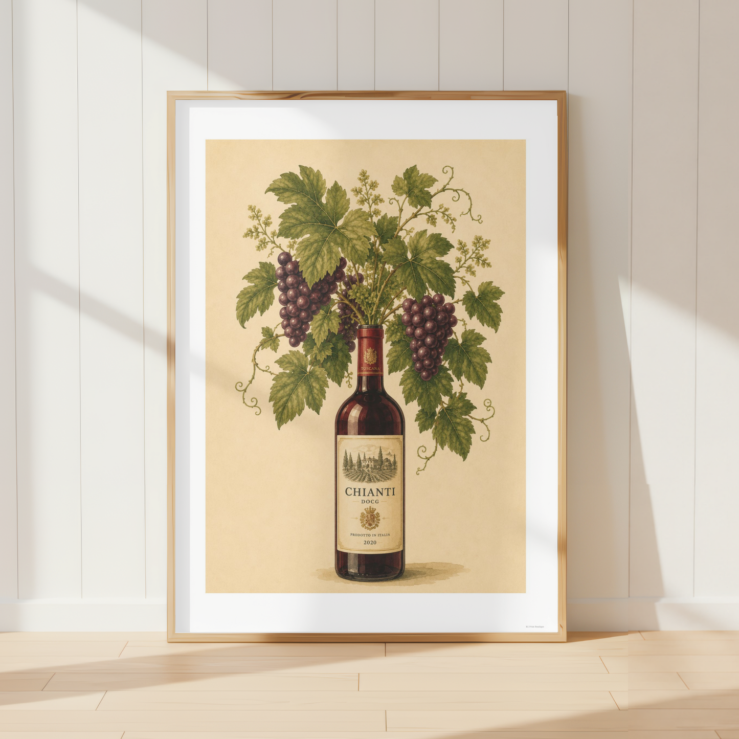 Vintage Chianti wine bottle botanical print with grape vines in a rustic Italian kitchen interior.