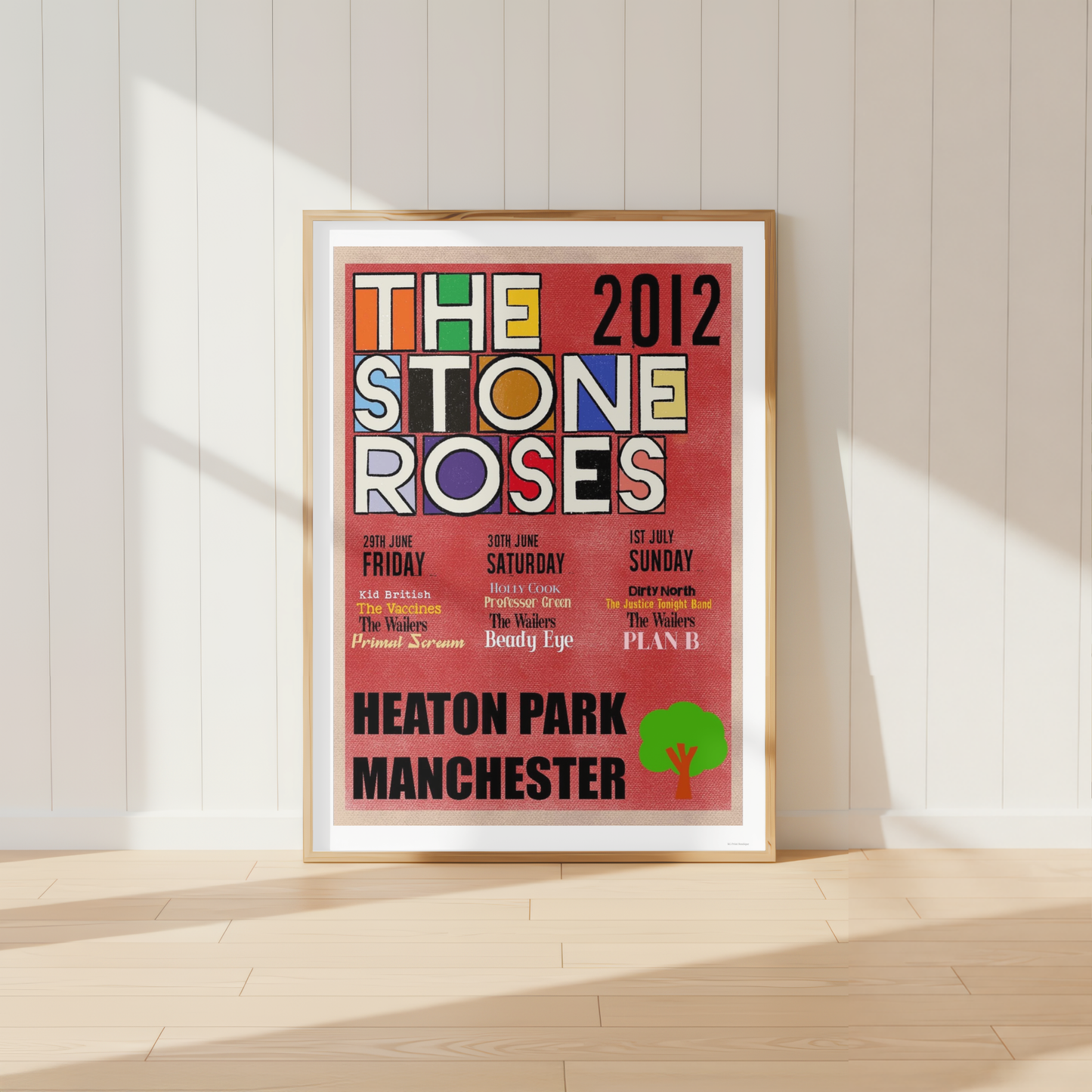 The Stone Roses Heaton Park 2012 retro concert poster print in natural oak frame with warm ivory mount.