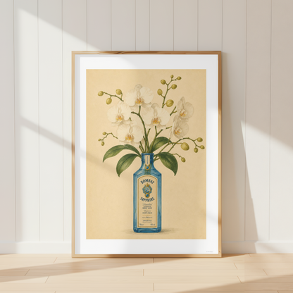 Vintage Bombay Sapphire gin botanical print with white orchids in a Mediterranean-inspired home bar interior.
