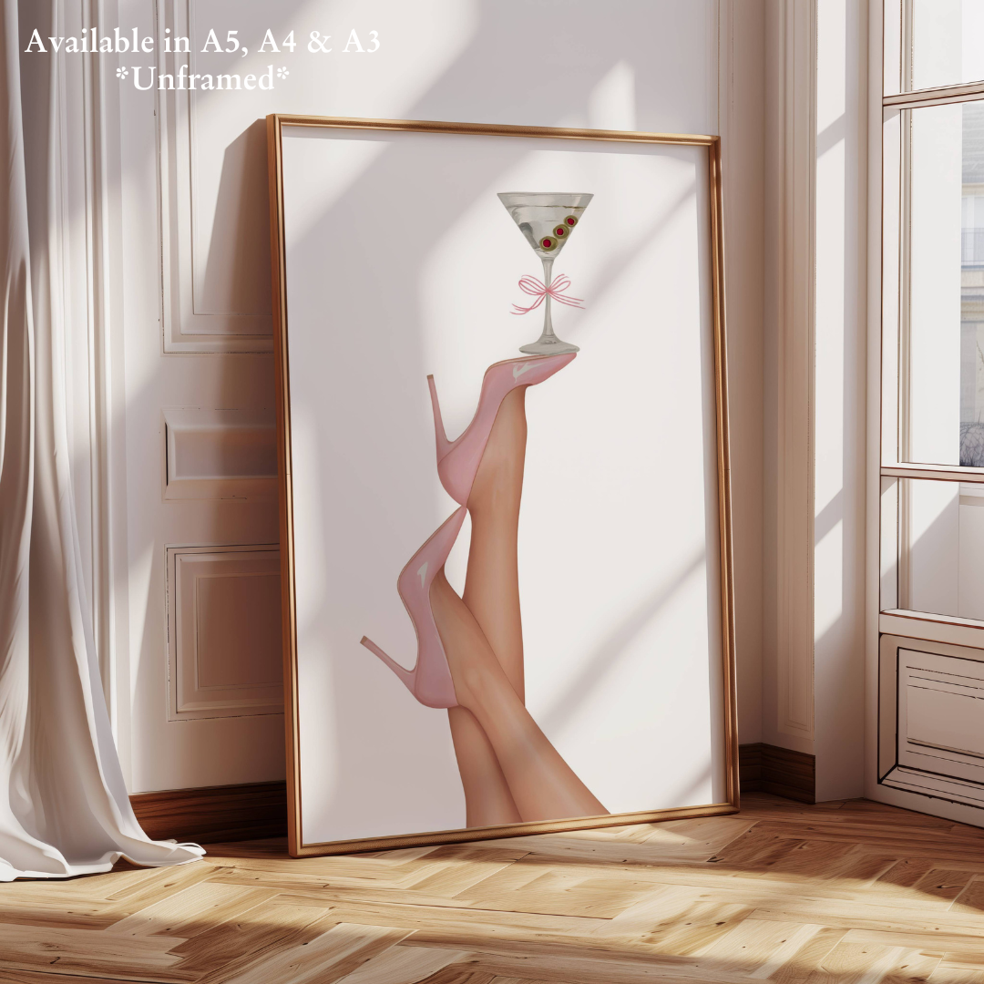 Pink Heels Balancing a Martini Glass Poster