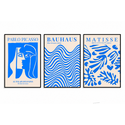 Blue Bauhaus Picasso Matisse Wall Art Set of 3 | Abstract Prints