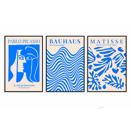 Blue Bauhaus Picasso Matisse Wall Art Set of 3 | Abstract Prints
