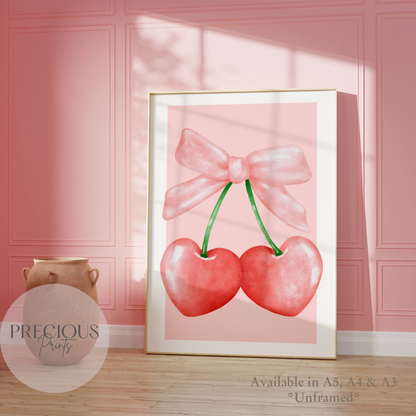 Pink Cherry Hearts with Bow print