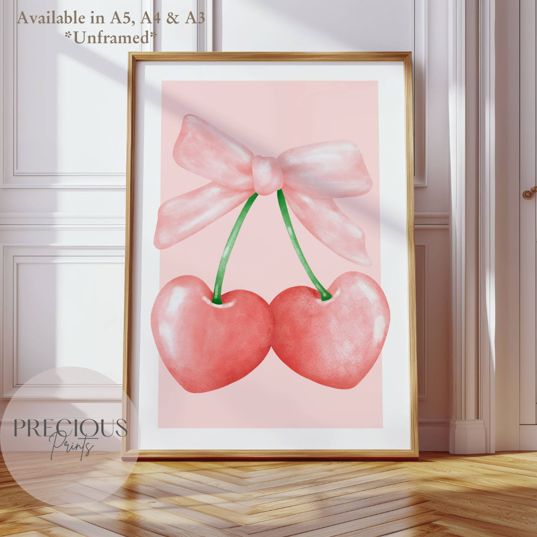 Pink Cherry Hearts with Bow print