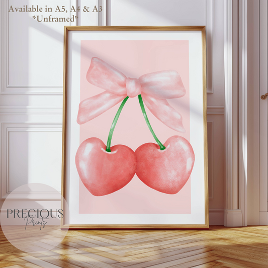 Pink Cherry Hearts with Bow print