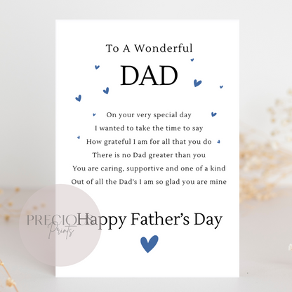 To a Wonderful Dad Happy Fathers Day / Thoughtful Poem For Dad / FathersDay Card / Cute Father's Day Card