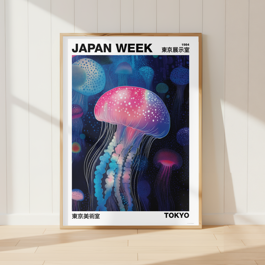 A framed poster featuring a colorful jellyfish illustration with the text 'JAPAN WEEK' and 'TOKYO' leans against a white paneled wall on a light wood floor.