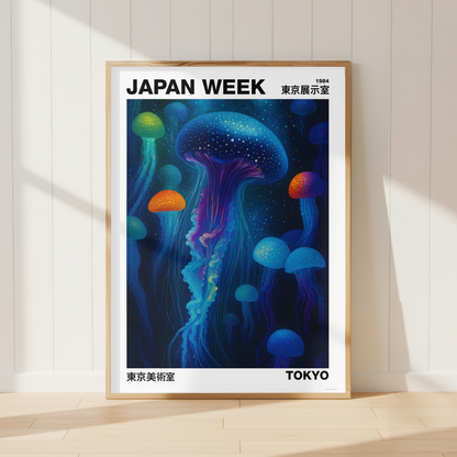 A framed poster leaning against a white paneled wall on a light wood floor. The poster features a colorful illustration of glowing jellyfish in deep blue, purple, green, and orange tones, with the text 'JAPAN WEEK' at the top and 'TOKYO' at the bottom.
