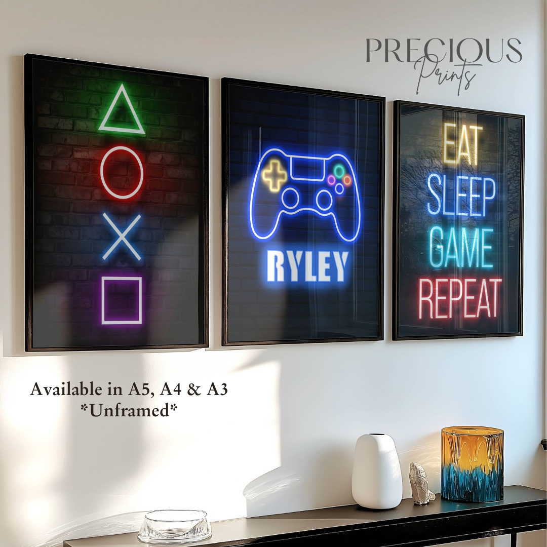 Set of 3 Personalised Neon Gamer Prints
