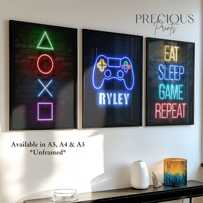 Set of 3 Personalised Neon Gamer Prints