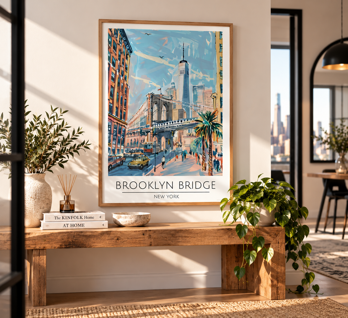 A framed Brooklyn Bridge New York travel poster hangs on a beige wall above a rustic wooden bench in a styled interior room with plants and warm sunlight.
